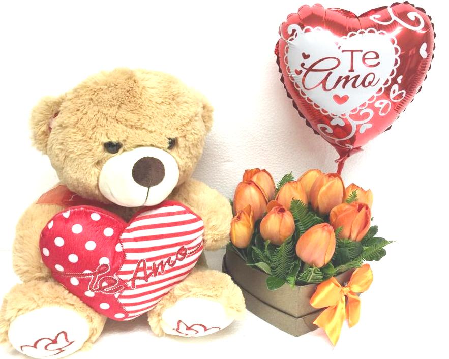Caja Coraz�n de 10 Tulipanes, Peluche con Coraz�n 30cm y Globito